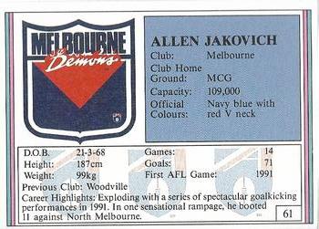 1992 AFL Regina #61 Allen Jakovich Back